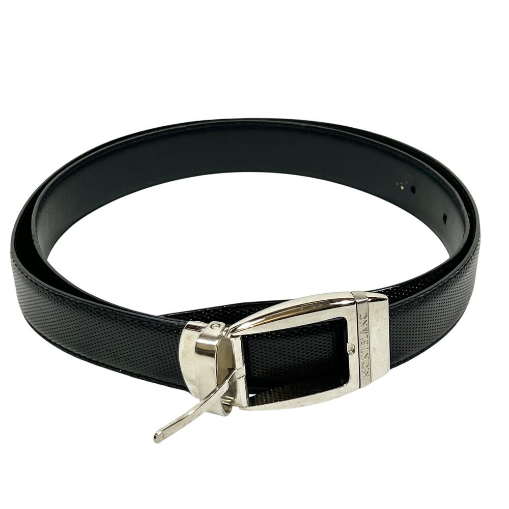 Montblanc Men Textured Black Leather Belt Silver Square Buckle 46"